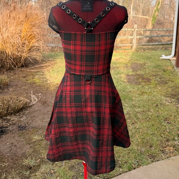Killstar Red Plaid Mesh & Faux Leather Strap Skater Dress - Picture 7 of 13